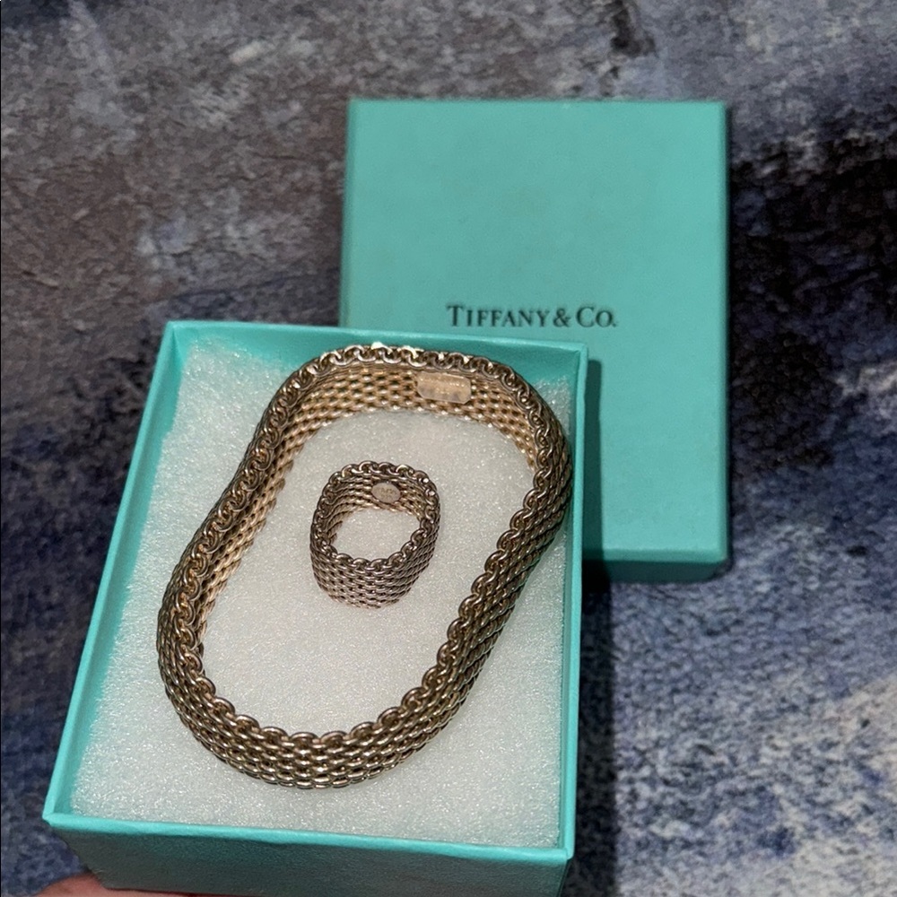 Tiffany & Co. 925 Sterling Silver Mesh Bracelet & Ring-Comes with Original Box